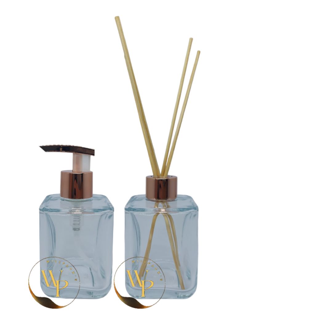 Kit 2 Frascos Saboneteira de Vidro Quadrado c/ Bordas Arredondadas 250ml Com Tampa Difusora Super Luxo e Valvula Bico de Pato Super Luxo 28/410