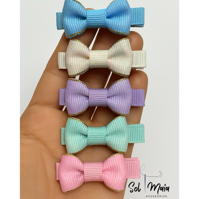 Kit 5 Mini Laços Infantil Bico de Pato Encapado Gravatinha Borda Dourada Bebê Candy Color - Sol Maia