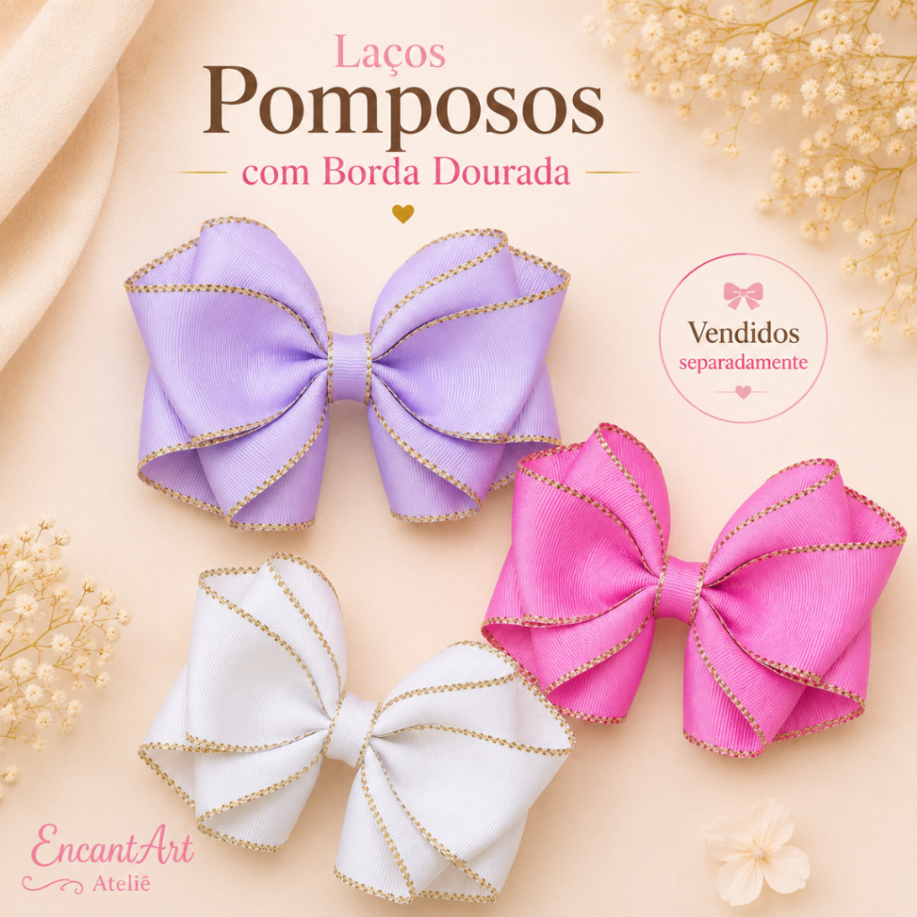 Laço pomposo infantil da borda dourada na presilha bico de pato para meninas