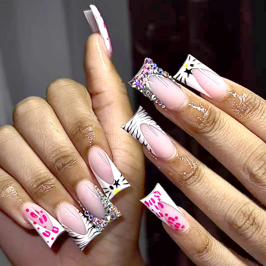 Manicure transfronteiriça em forma de bico de pato, unhas vestíveis, borda francesa branca, estampa de leopardo, estampa