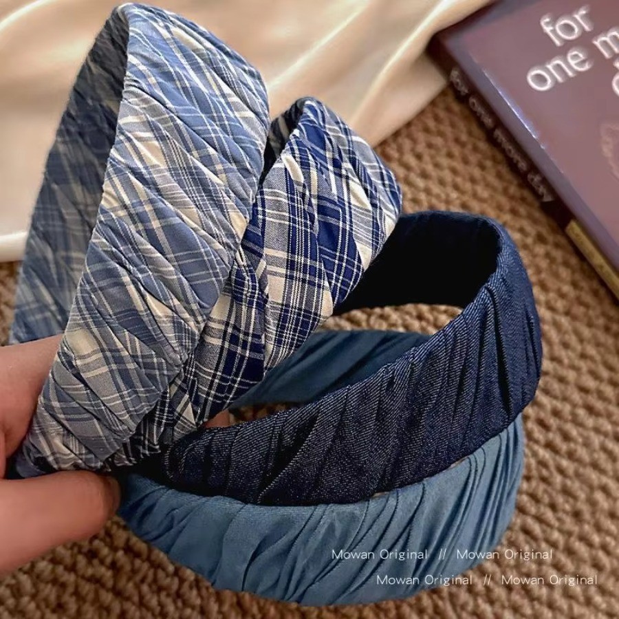 Elegante Faixa De Cabeça Plissada Estilo Francês – Larga Com Padrão Xadrez , Macia E Chique Para Uso Diário , Acessórios