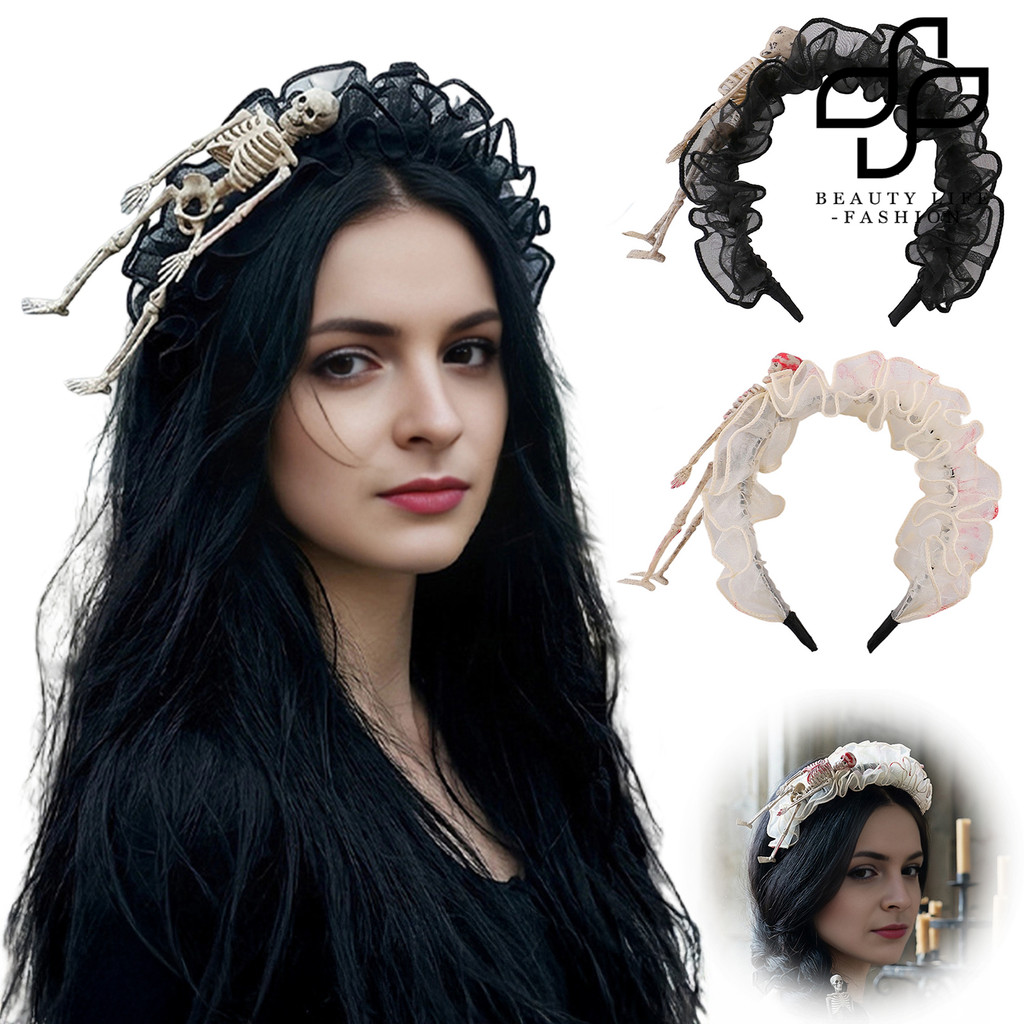 Beautylife Tiara Gótica Com Design De Esqueleto Para Mulheres , Faixa De Cabelo Plissada Macia , Cocar De Malha Babados