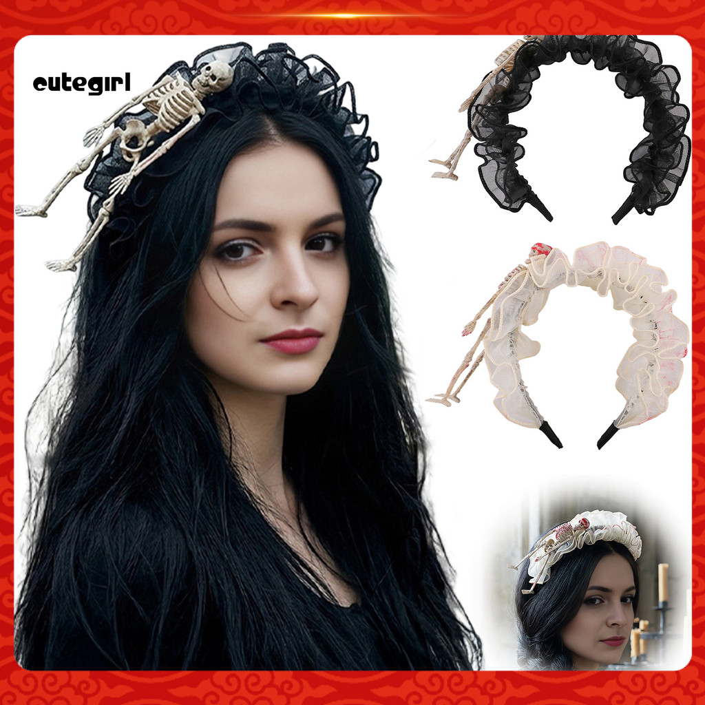 [CUTE] Tiara Gótica Com Design De Esqueleto Para Mulheres , Faixa De Cabelo Plissada Macia , Cocar De Malha Babados Cosp