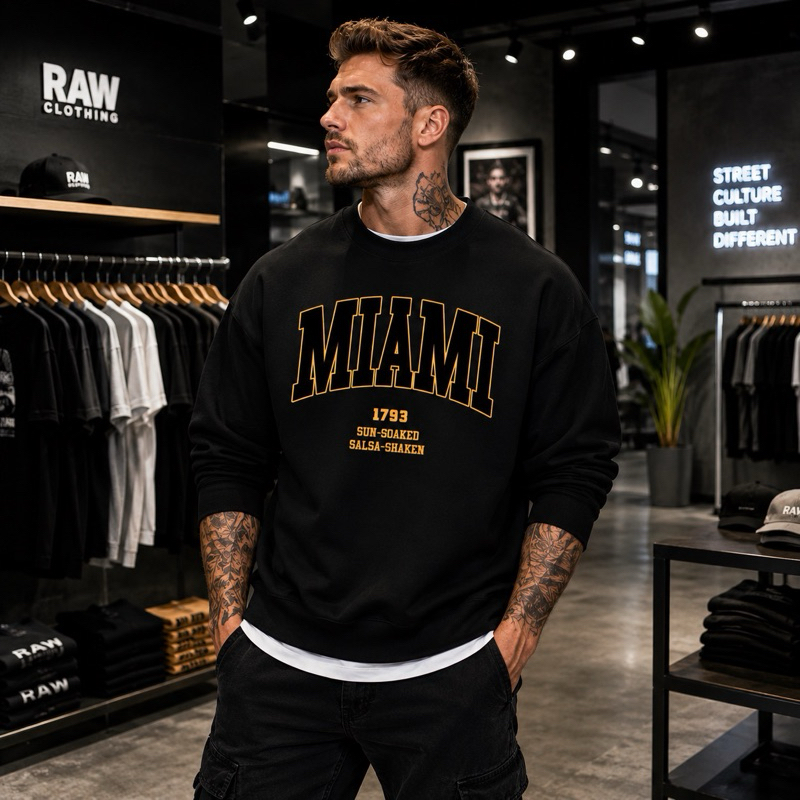 BLUSA DE FRIO MASCULINA MIAMI MOLETOM UNISSEX FECHADA ESTAMPADA SEM BOLSO E CAPUZ ESTILO CASACO FLANELADA RESISTENTE
