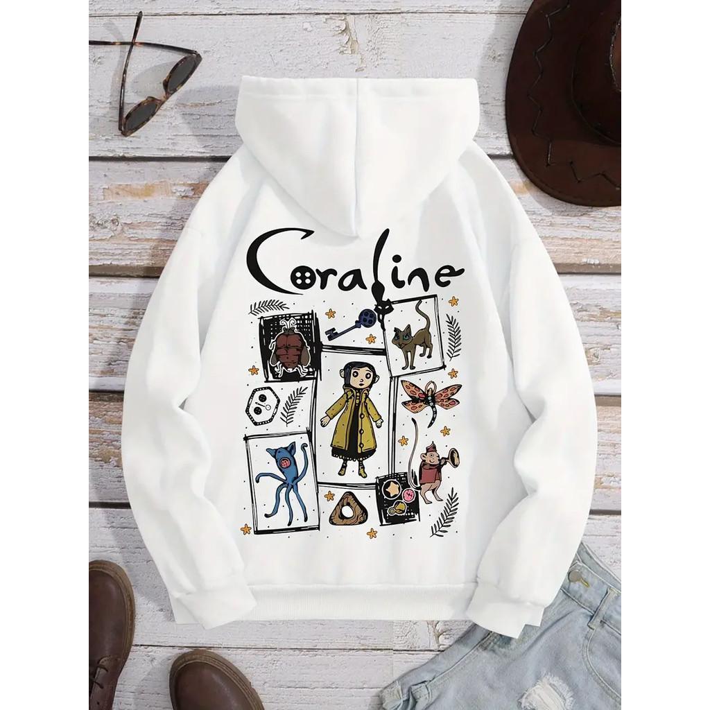 Moletom Gráfico Coraline Aconchegante  Pullovêr Flanelado Blusão Fechado Estiso lCanguru,Perfeito Top