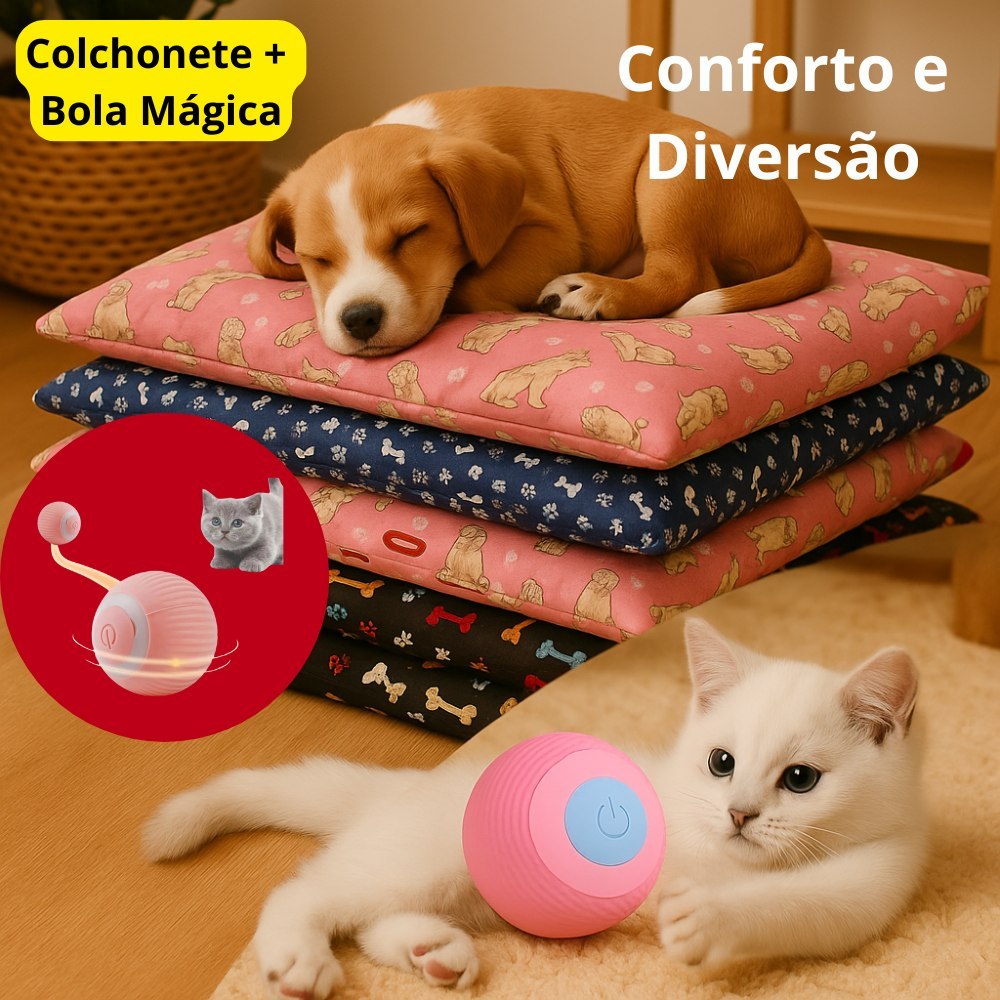 Kit Pet: Colchonete G Lavável + Bola Interativa para Gatos USB