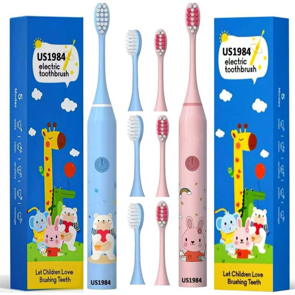 KIT 02UN Escova De Dentes Elétrica Infantil Recarregável USB Com Timer À Prova D'água Bivolt
