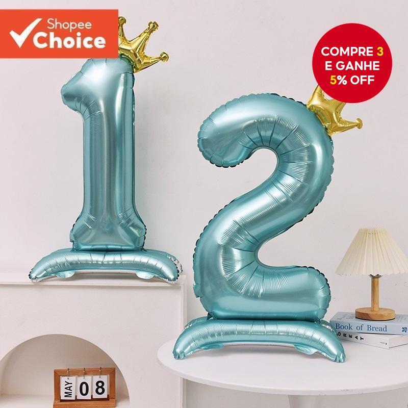 133,2cm Coroa Azul com Número Base em Pé Balão de Filme de Alumínio, Decoração de Cena de Aniversário