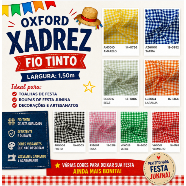 Oxford Xadrez Festa Junina Tecido Fio Tinto 1,50m Alta Qualidade tamanho do xadrez 2cm x 2 cm