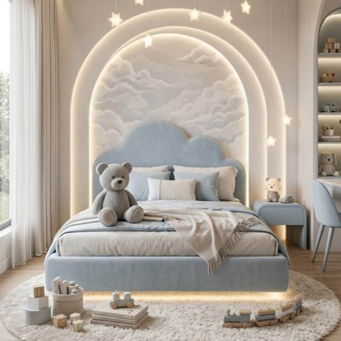 Cabeceira Infantil Nuvem Baby de Luxo Em Tecido Suede ou Sintético Fofa e Confortável para Decoração de Quartos Infantil