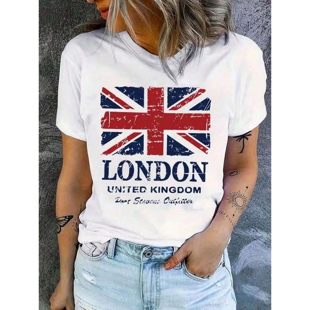 Camiseta feminina t-shirt estampada bandeira de Londres delicada fofa tecido leve confortável  manga curta 100% algodão