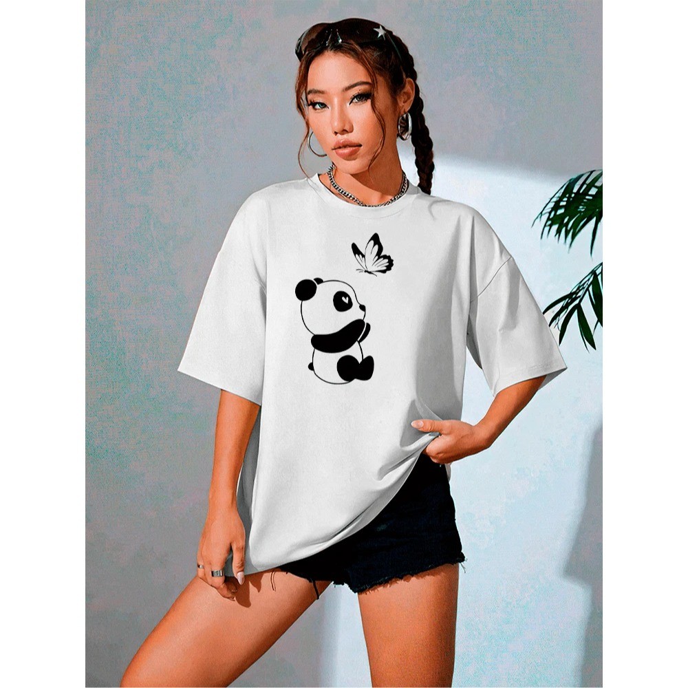 Camiseta Feminina Camisa Panda Lindo Borboleta Fofa Básica 100% Algodão Casual Manga Curta Tecido