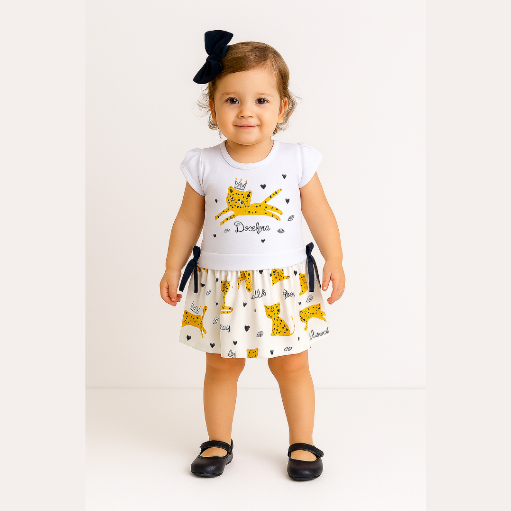 Vestido Infantil Estilosa Verão Manga Fofa Saia Tecido