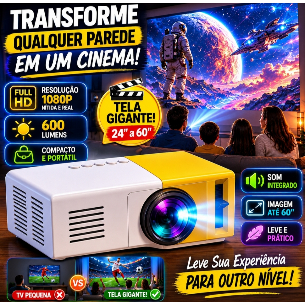 Mini Projetor Portátil LED Full HD 1080p HDMI USB YG300 600 Lumens Cinema em Casa