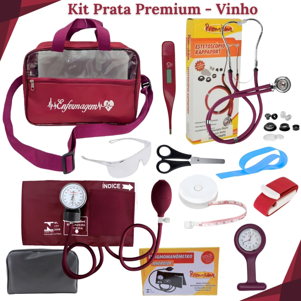 Kit Material de Bolso Completo de Enfermagem Prata para Estágio com Relógio de Lapela