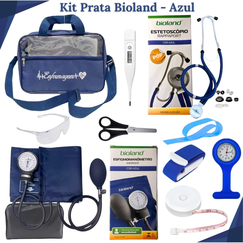 Material de Bolso Completo com Bolsa de Enfermagem, Relógio de Lapela, Esfigmomanômetro e Estetoscópio Duplo - Prata