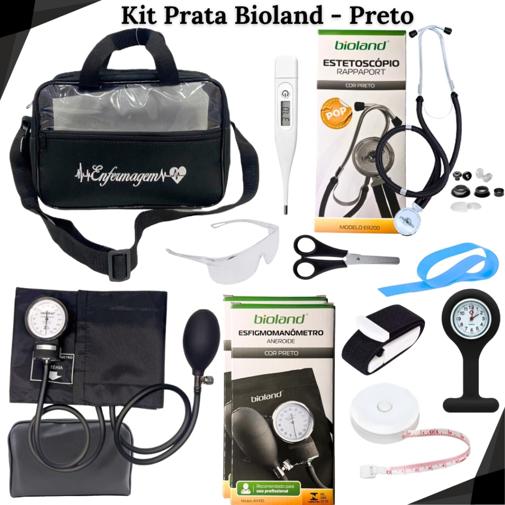 Kit de Enfermagem Prata Material de Bolso de Enfermagem para Estágio com Esteto, Esfigmo, Relógio de Lapela e Bolsa