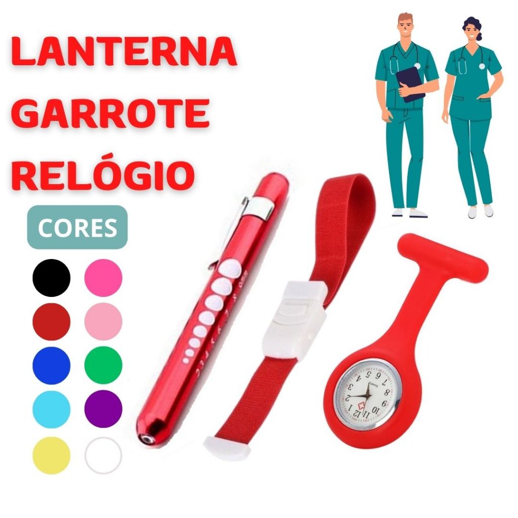 KIT ENFERMAGEM - MATERIAL DE BOLSO - Relógio Jaleco/ estetoscópio + Garrote + Lanterna Clínica