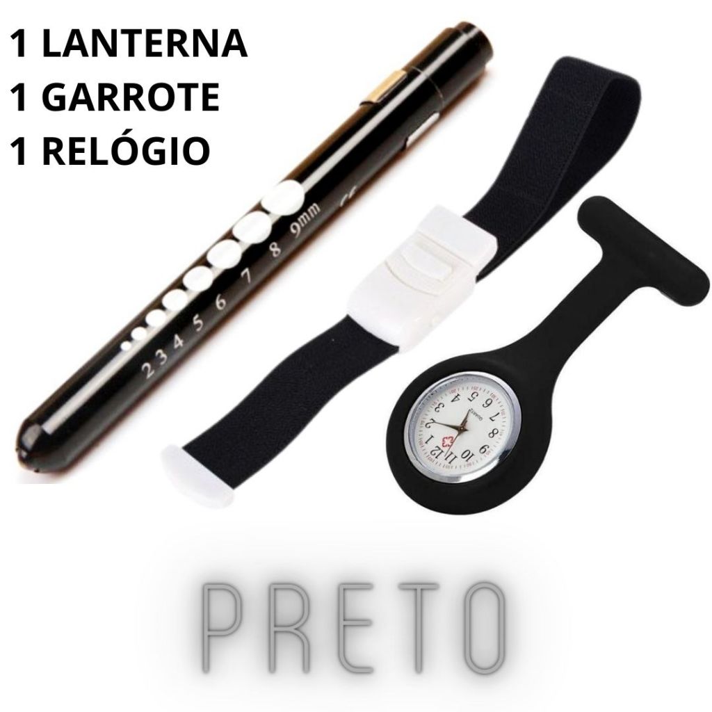 KIT ENFERMAGEM PRETO - MATERIAL DE BOLSO - Lanterna Clínica + Relógio Jaleco + Garrote