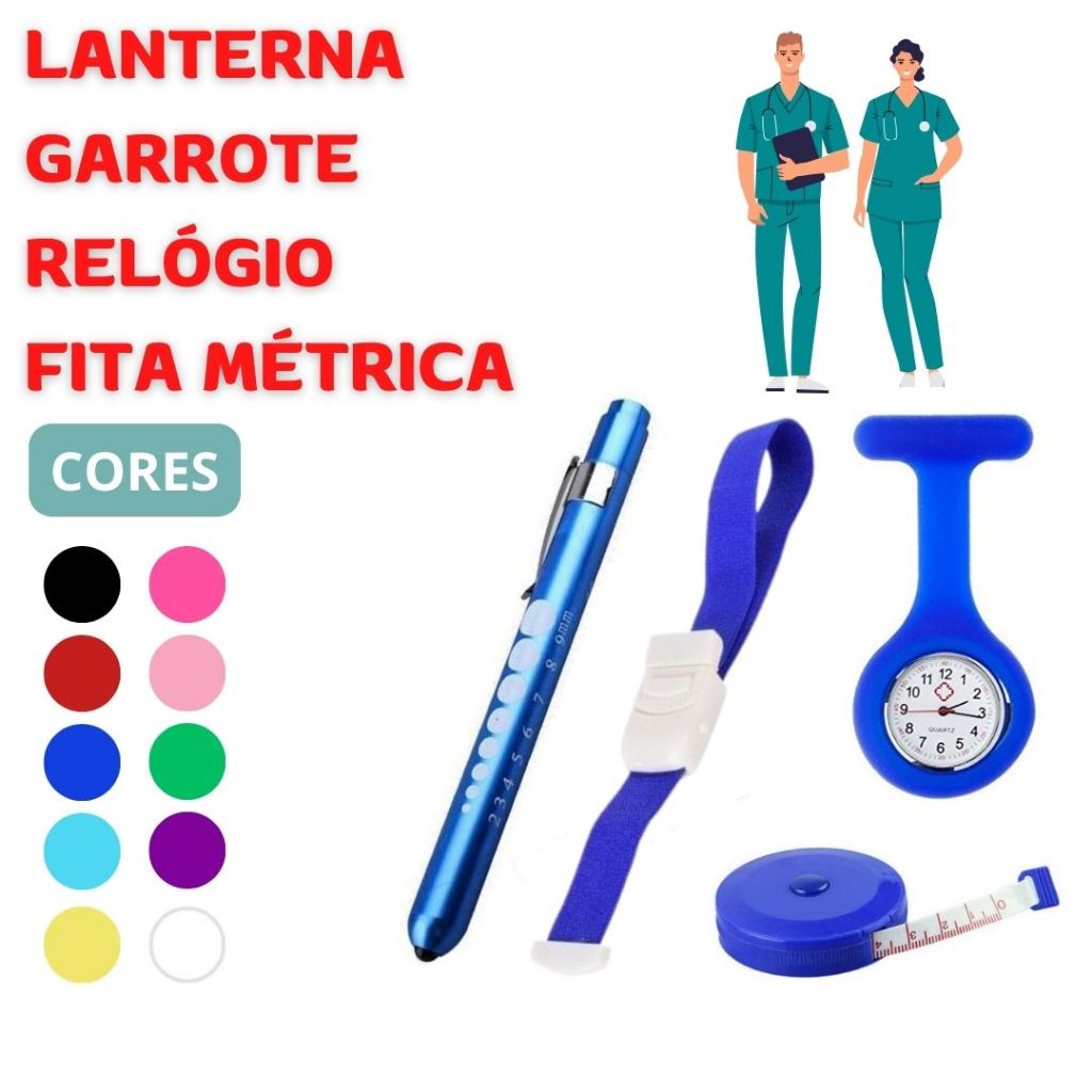 Kit Enfermagem Material de Bolso - Relógio Jaleco + Garrote+ Lanterna Clínica+ Trena ou Fita Métrica