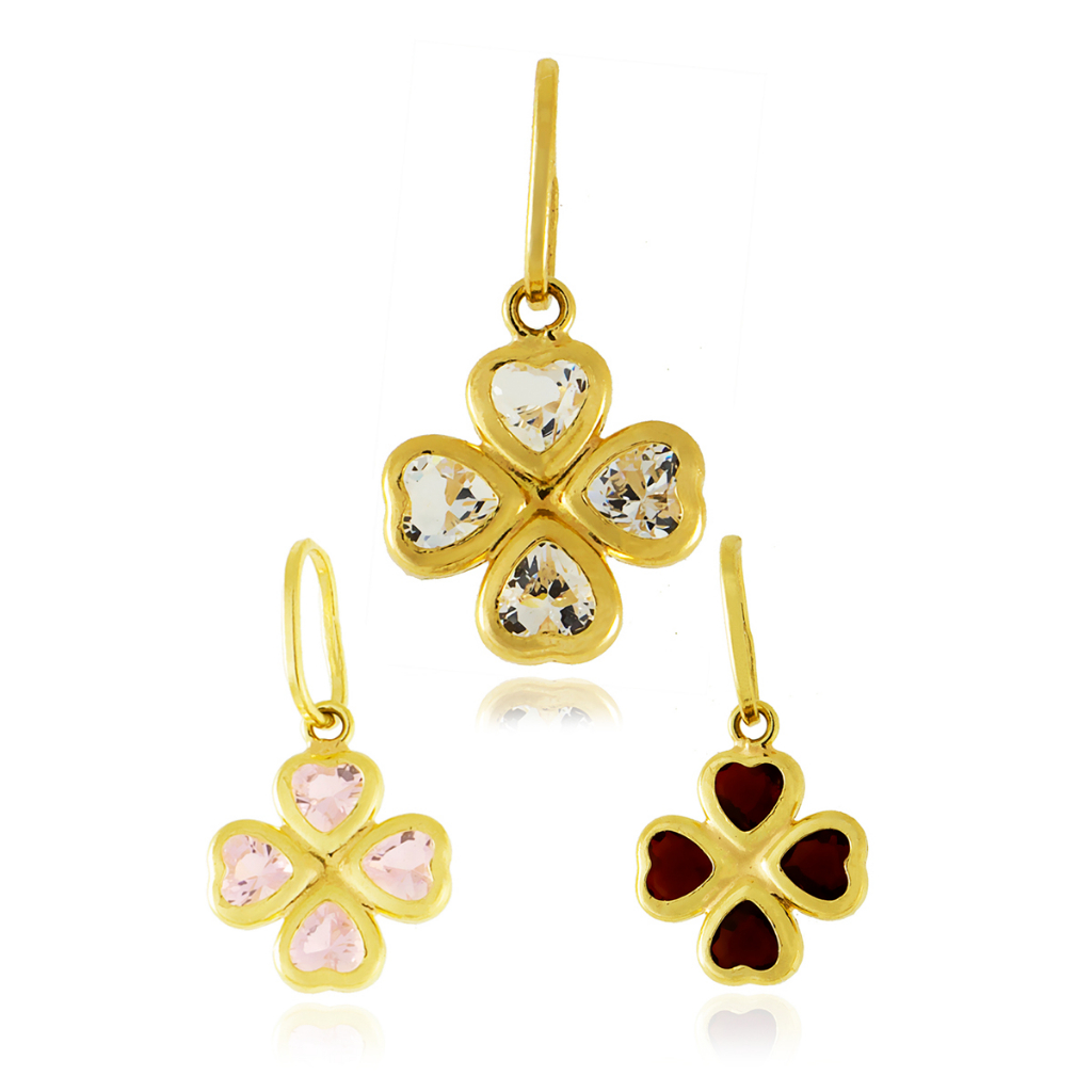 Pingente Ouro 18k Trevo c/ Zircônia Diversas Cores