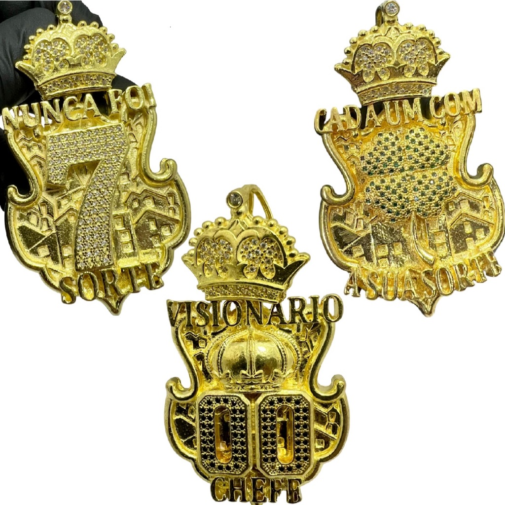 PINGENTE 7 TREVO SORTE MOEDA ANTIGA CRAVEJADO JESUS RELIGIOSO 777 00 MASCULINO NEYMAR COR OURO 18K