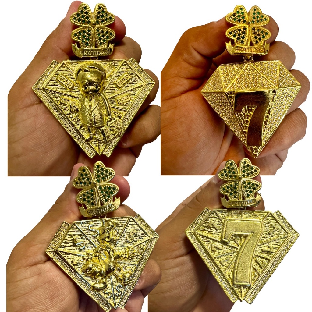 PINGENTE MOEDA ANTIGA SORTE TIO PATINHAS PODEROSO CHEFINHO 777 DIAMANTE TREVO MASCULINO COR OURO 18K