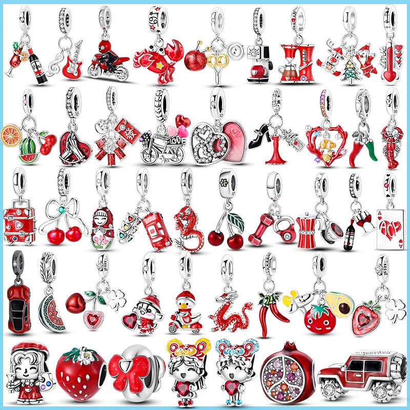 925 Prata Esterlina Cor Vermelha Encantos Grânulo Morango Cereja Trevo De Quatro Ie Pingente Caber Pulseira Original Jói