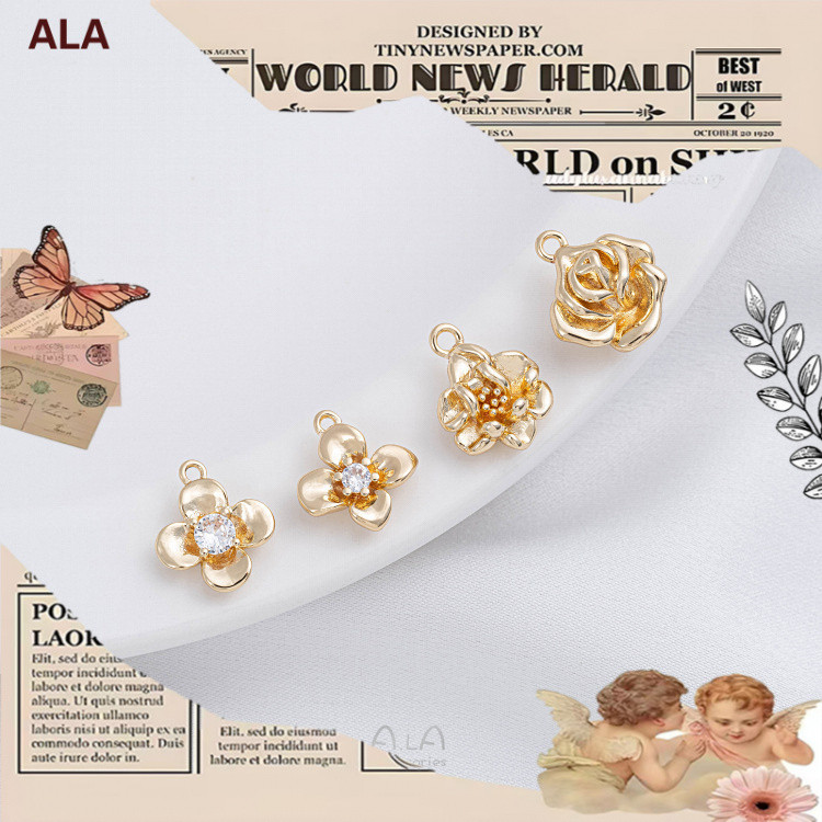 14K ouro-embalado cor-preservando trevo de quatro folhas flor rosa pingente flor Bud flor pingente diy pulseira brincos