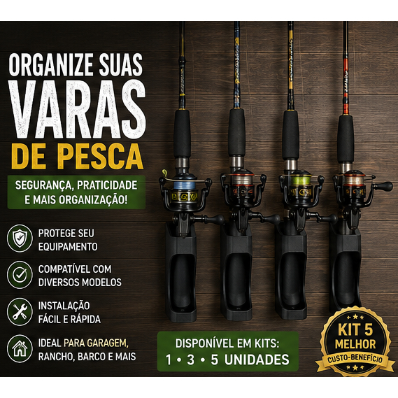 Suporte de Parede para Vara de Pesca Universal Organizador Vertical Kit 1, 3 ou 5 Unidades