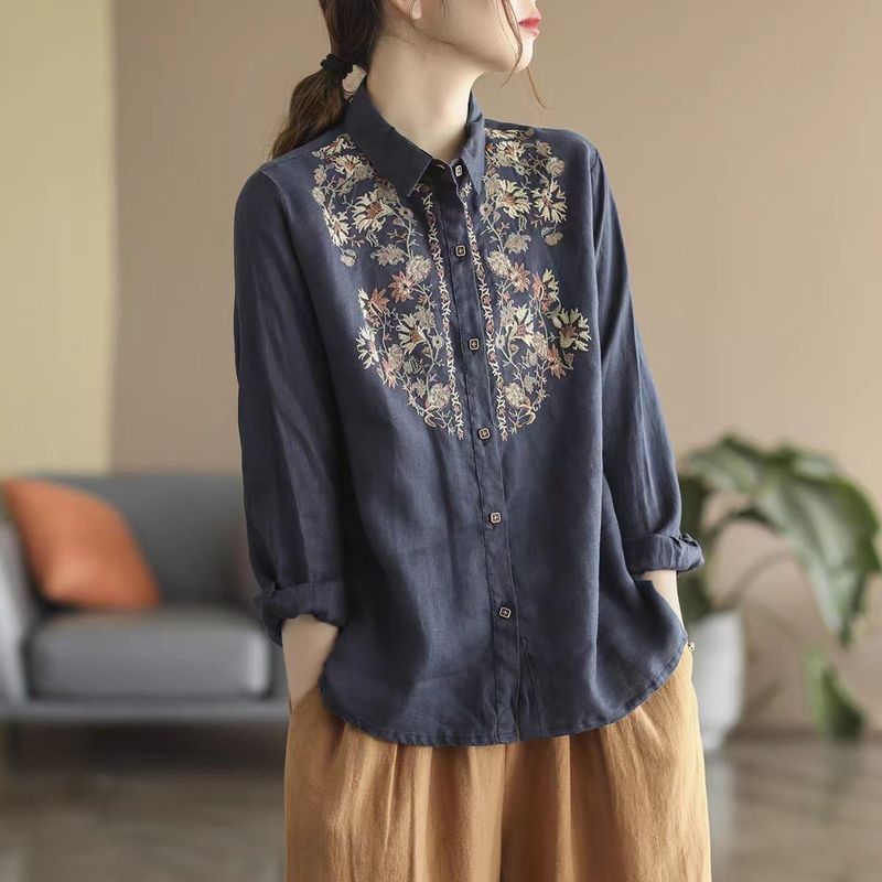 Embroidered cotton-linen women's shirt, vintage 2025 style, niche new design, loose-fitting, artistic long-sleeve blouse
