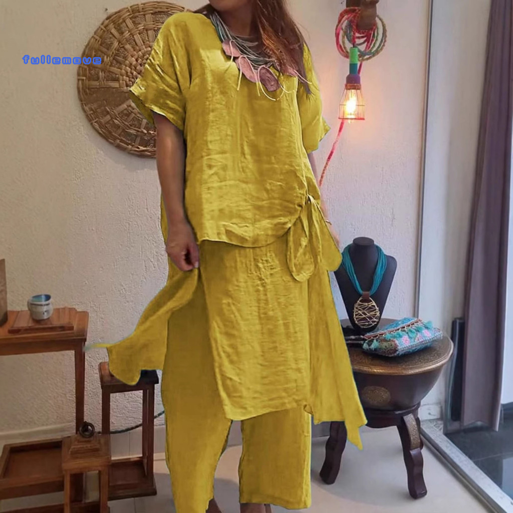 Women Two Piece Set Comfortable Suit Women’s Cotton Linen 2-piece – Short Sleeve Round Neck Tie Side Top Wide Leg Ov