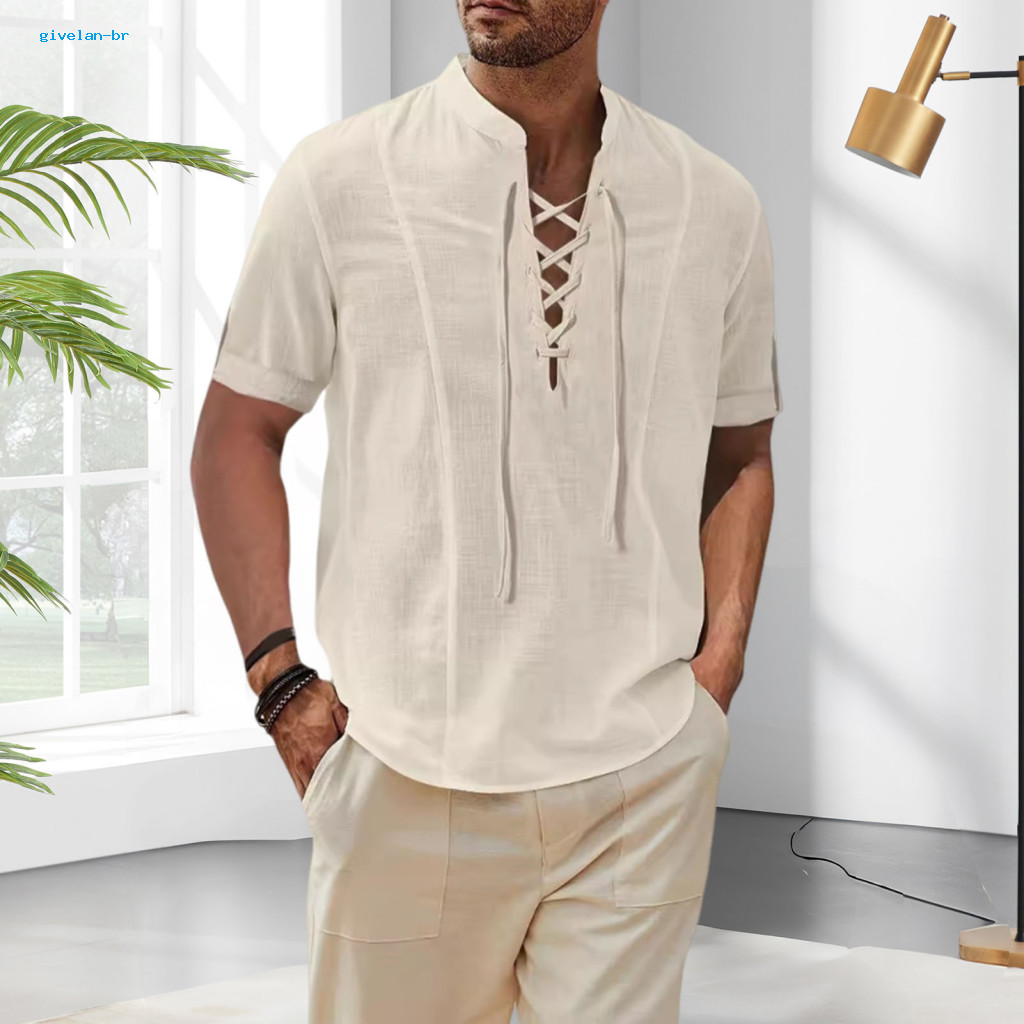 Everyday Wear Men Tee V-neck T-shirt Men's Cotton Blend with Strap Short Sleeve Solid Color Casual for Summer Daily Vaca