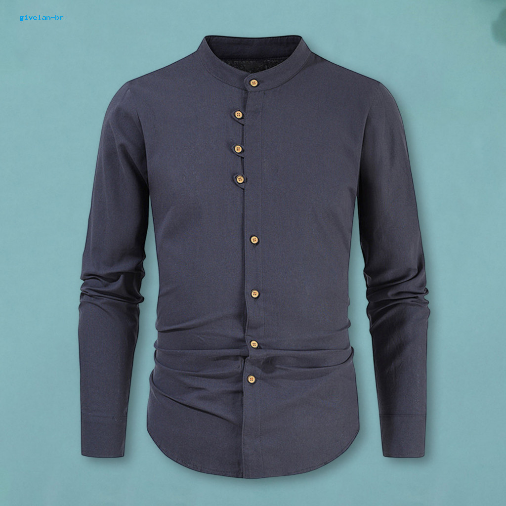 Cotton Linen Shirt Men Fashion Long-sleeve Men's Casual Long Sleeve Button-down Solid Color Banded Collar Summer Beach B
