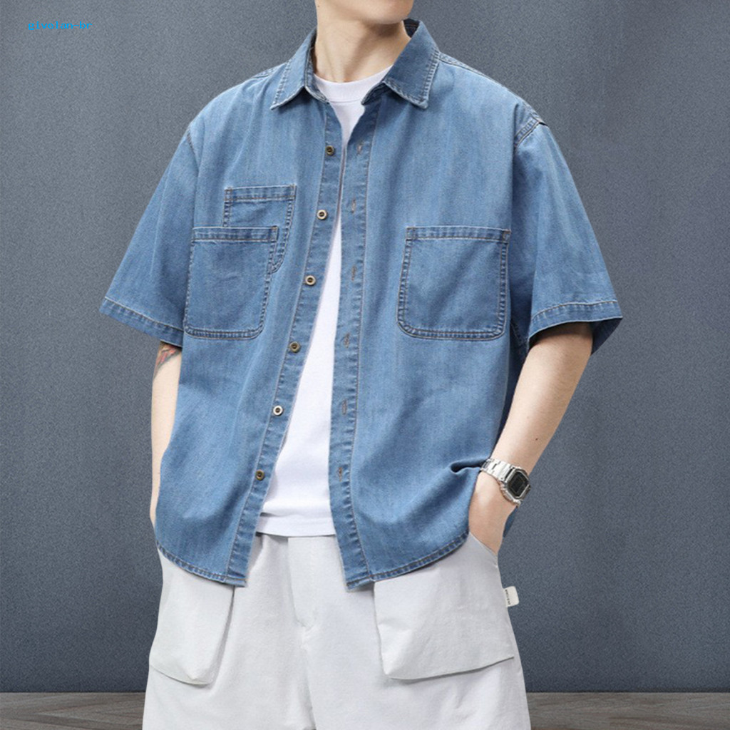 Simple Men Shirt Stylish Men's Summer Short Sleeve Cotton Denim Casual Button-down Lapel Beachwear Top with Pockets –