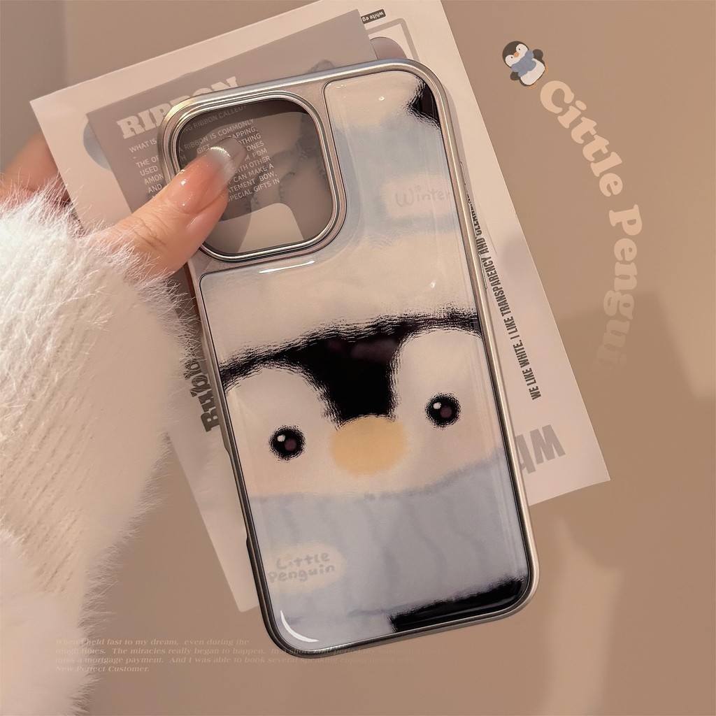 Huiwanju Grande Rosto Pinguim Bebê Epóxi Galvanizado Borda Prateada Capa De Telefone Móvel Para iPhone15/16promax Apple