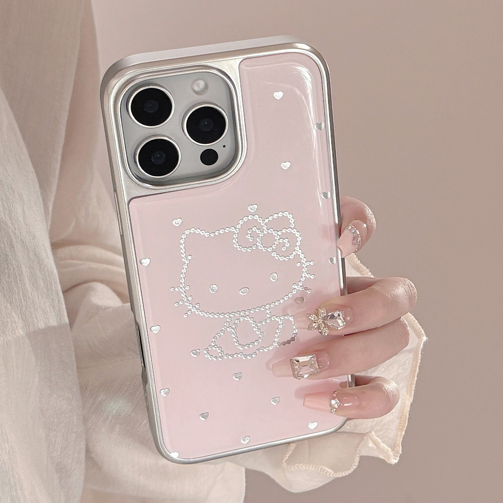 Huiwanju flash Diamante Gato Galvanizado Borda Prateada Capa De Telefone Móvel Para iPhone15/16promax Pequena Maçã Fresc