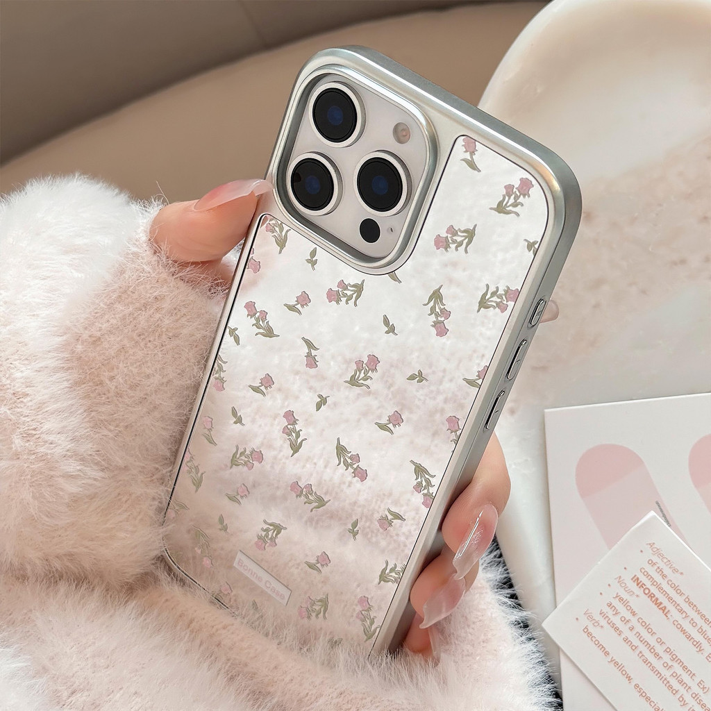 Huiwanju Simples Primavera Rosa floral Espelho Galvanizado Borda Prateada Capa Para Celular iPhone15/16promax Suave Cora