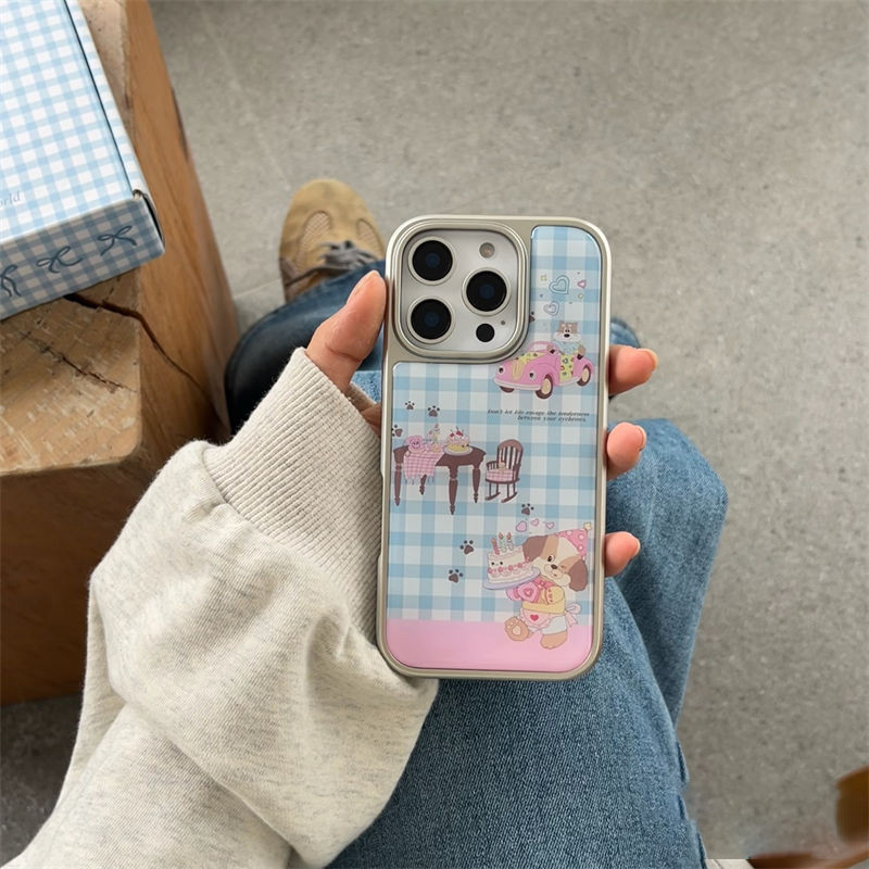 Huiwanju Rosa Azul Grade Cachorrinho Bolo Galvanizado Borda Prateada Para iPhone16promax Capa De Telefone Móvel Acrílico