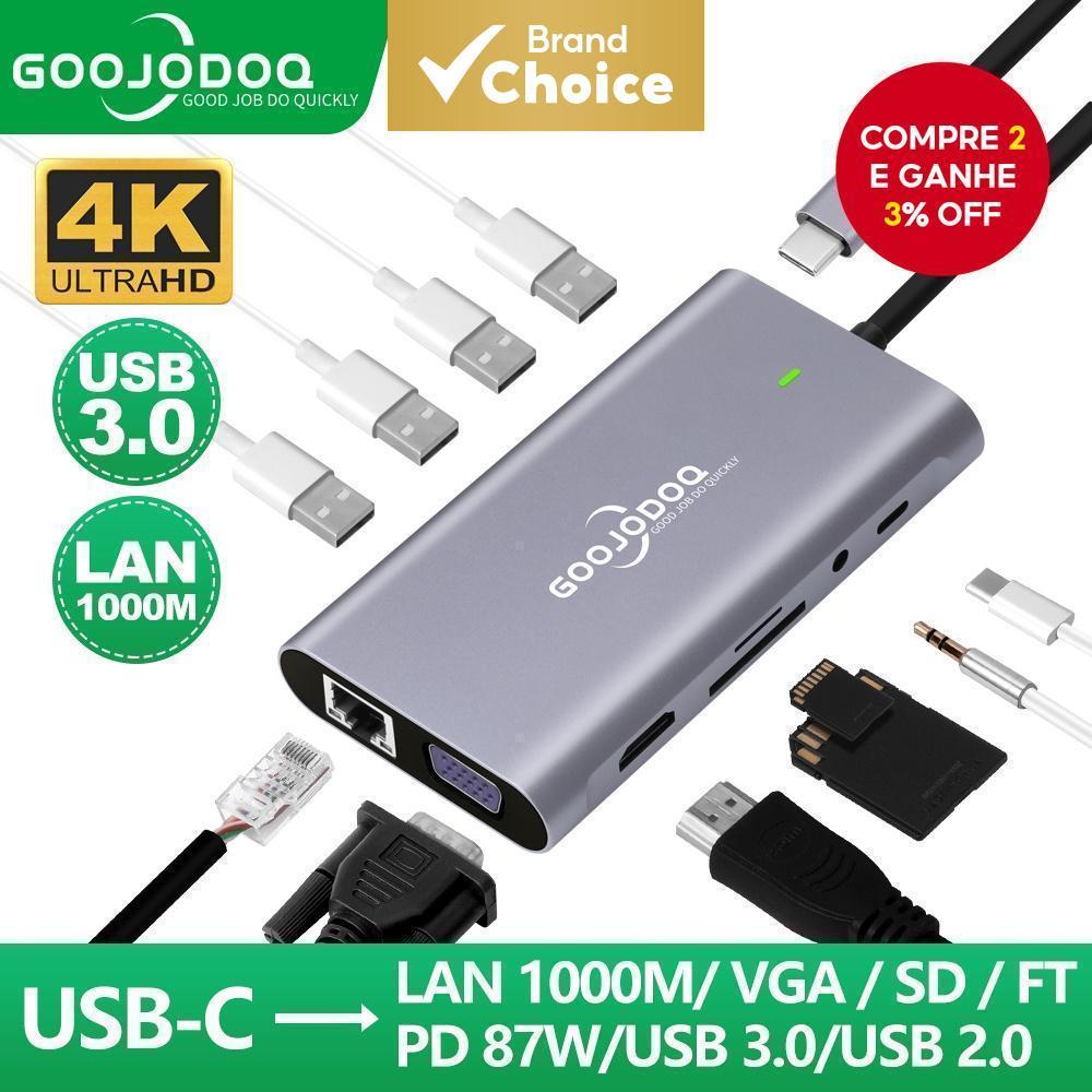 GOOJODOQ HUB USB C 11 em 1 para notebook Dell HP MacBook Pro, estação de acoplamento tipo C com dock HDMI PD 3.0 USB