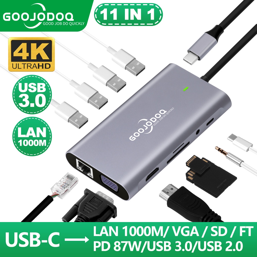 GOOJODOQ 11 em 1 Hub USB-C Estação de Acoplamento para Laptop Dell/HP/MacBook Pro Dock Tipo C com HDMI, PD 3.0, USB,