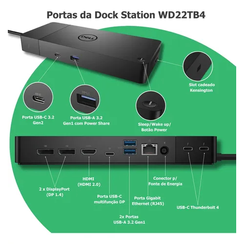 Dell WD22TB4 Thunderbolt 4 Dock - 2 portas Thunderbolt 4, até 5120 x 2880 vídeo Res, HDMI 2.0, DP 1.4, USB-C, USB-A,