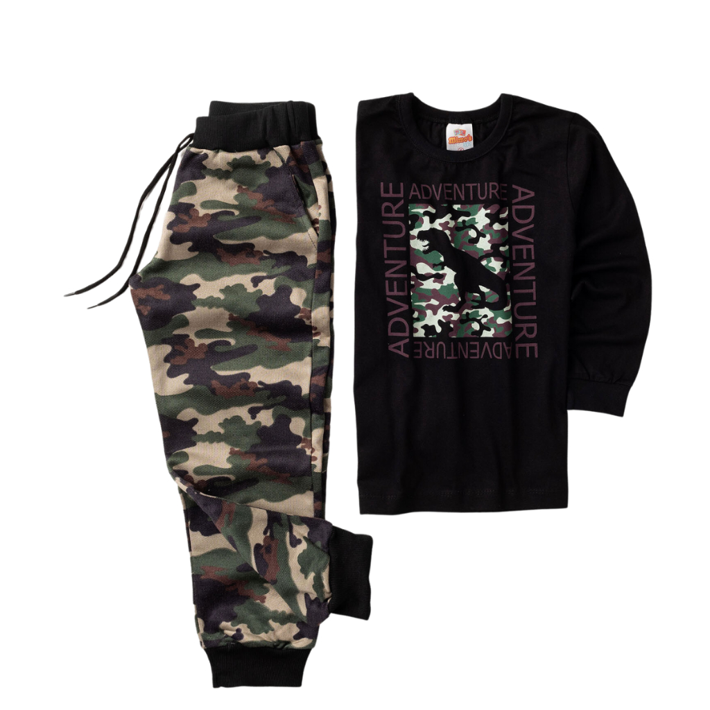 Conjunto com  Blusa em Meia Malha e Calça Moletom camuflado - Tam 1 ao 16 anos.