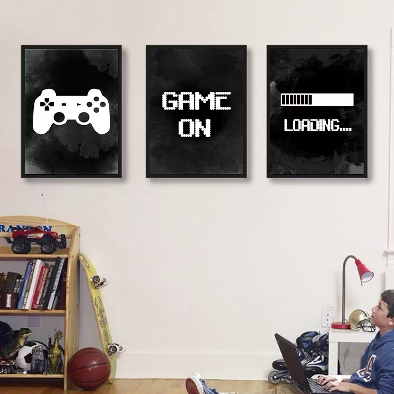 Kit 3 Peças Quadro Decorativo Jogo Console Game On Loading Decoração Sala Quarto Placa Mdf 4K Full