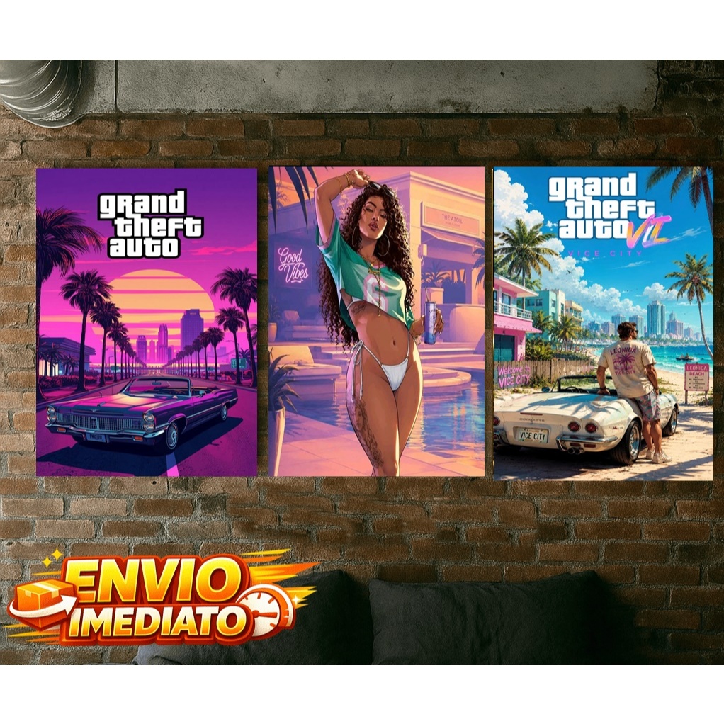 Kit com 3 Quadros GTA 6 20x28 em MDF Ultra HD Pronto para Decorar area gamer setup pc console ps5 xbox x e series s