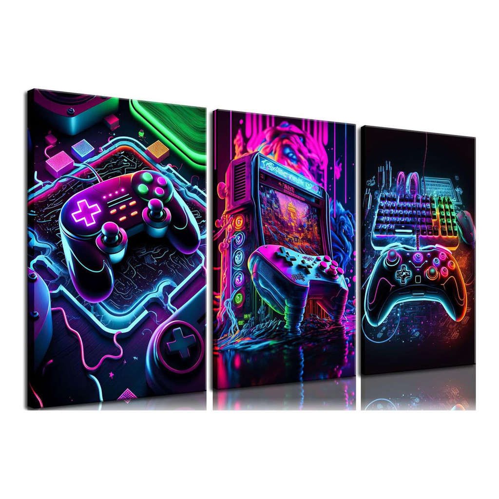 Kit 3 Quadros Decorativos Gamer Neon Art Console Controle Joystick Mosaico Sala Quarto Escritório