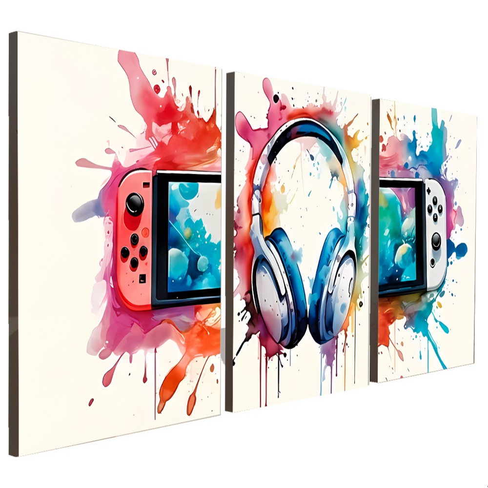 Quadros Decorativos 3 Peças Gamer Fone e Console Colorido Estilo Pintura Casa Sala Quarto Decoração Parede