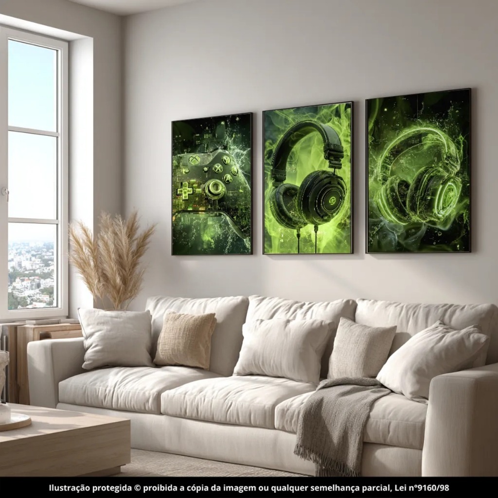 Quadros Decoração Painel Joystick Gamer Iluminado Console Xbox Verde Headset Games Quarto Neon Preto