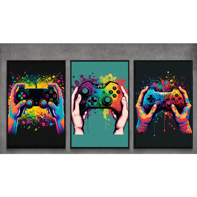 Kit Quadros Decorativos Mosaico 3 Peças Trio Gamer Jogo Online Controle Console Vídeo Game Colorido Abstrato Decoração