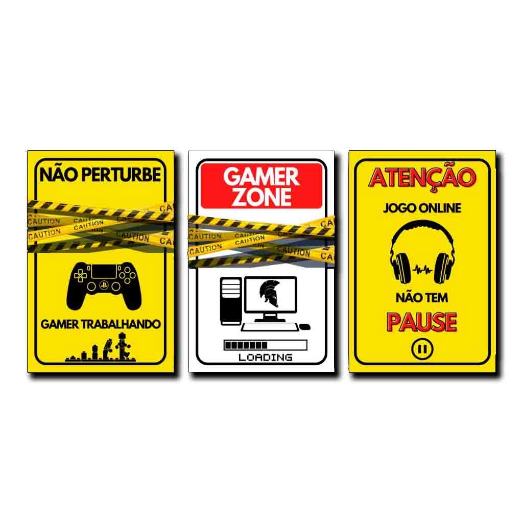 Kit Quadros Decorativos Mosaico 3 Peças Gamer Zone Jogo Online Pausa Controle Console Jogos Atenção